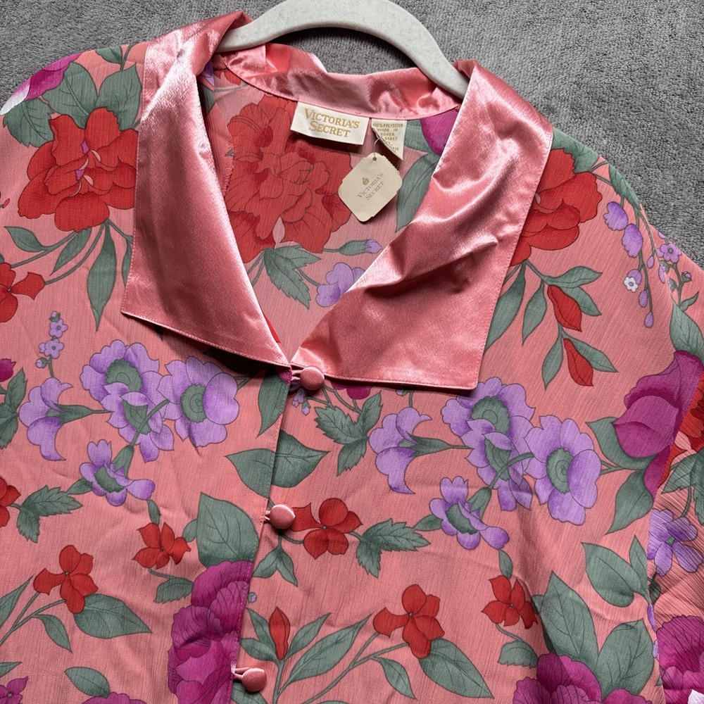 Victorias Secret Gold Label Pink Floral PJ Shirt M/L Satin Top Deadstock 90s